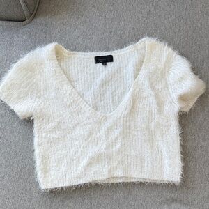 REVOLVE Cream Fuzzy V-Neck Crop Top